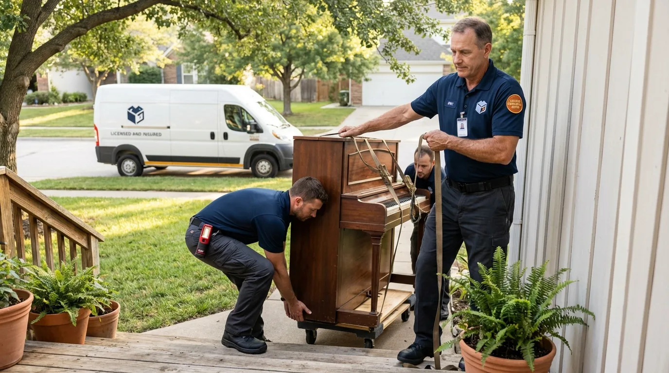 Licensed piano movers securing grand piano in Whiting, IN
