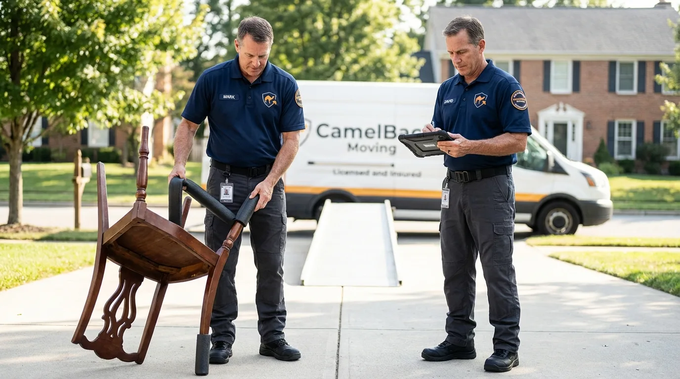 Movers inspecting furniture for damage prevention before loading in Whiting, IN