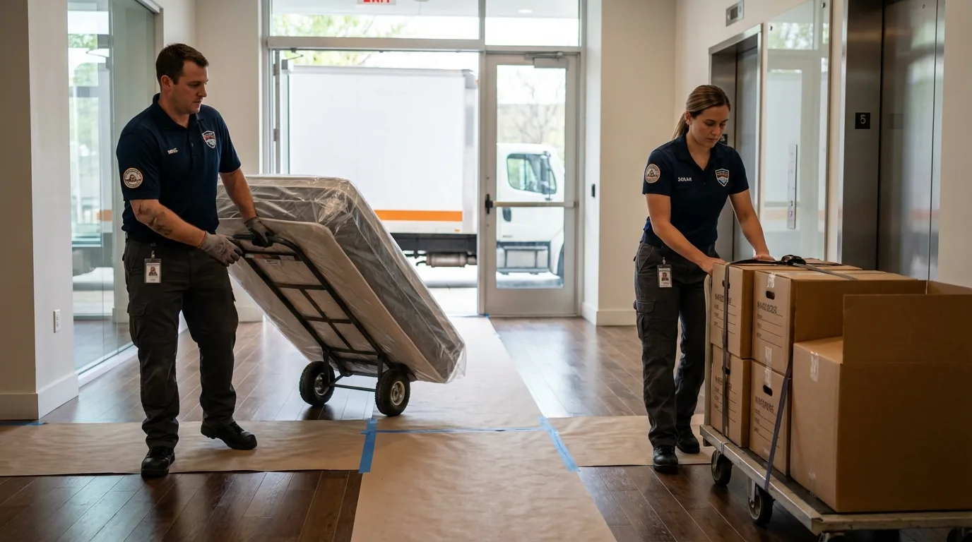 Professional apartment movers loading elevator in Whiting, IN